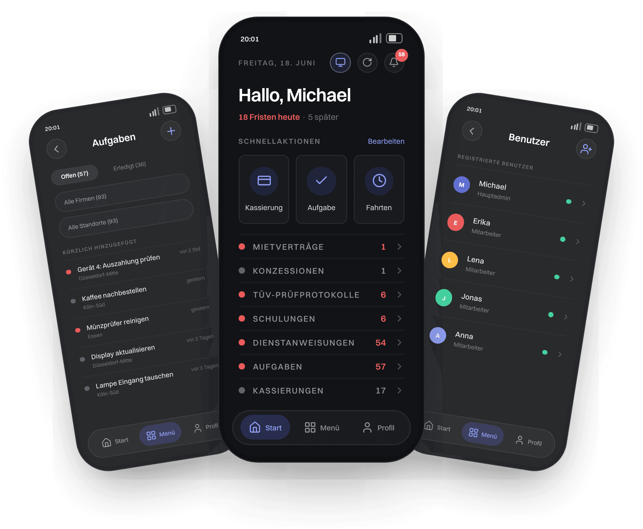 CasinoAgent Mobile App auf drei Smartphones: Aufgabenliste, Dashboard mit Fristen und Benutzerverwaltung